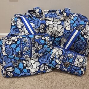 Vera Bradley Blue Floral 3-Piece Travel Set - Large Duffle, Crossbody Bag, Pouch
